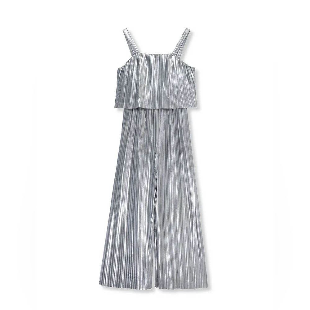 Habitual Girl Silver Metallic Wide Leg Jumpsuit